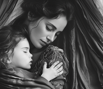 Black and white photograph of a beautiful mother, wrapped in rich fabrics, cradling her baby girl and her dreams.