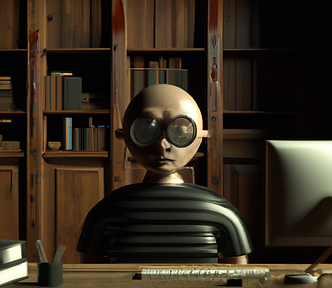 Illustrated 3D character wearing thick black glasses and a striped shirt sitting at a wooden office desk with books in the background.