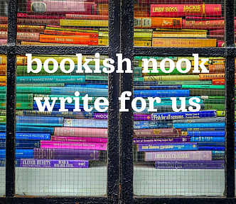 close-up color photograph of a store window with varigaeted rainbow stacked and staggered books with bookish nook write for us written in white text across the image