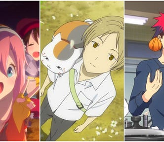 Pictures from Laid-Back Camp, Natsume’s Book of Friends, and Food Wars.