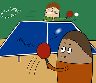Blob and Romeo play a game of table tennis. Smash!!! Grunting noises!!