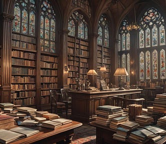 A beautiful oak library with stained glass windows and publications books and magazines