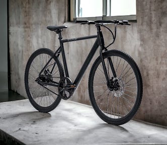 A black Teleport Ride electric gravel bike sitting on a cement slab in a cement room.