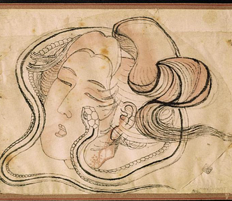 Head of the snake woman by Katushika Hokusai, Edo period 1603–1867. Wikiart. Public Domain.