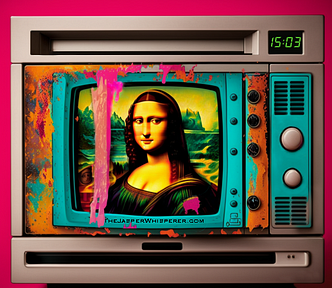 AI content generated using AI tools Jasper Art and MidJourney. A Mona Lisa melts in a microwave. Used to illustrate Adobe Stock accepting AI generated images.