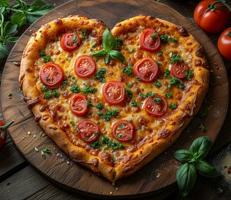 A picture of a heart shaped pizza on a wooden cutting board.