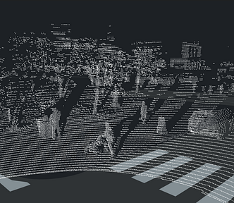 LiDAR point cloud of a street in grayscale.