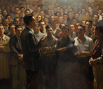 The painting shows a modern man giving a speech in front of people.