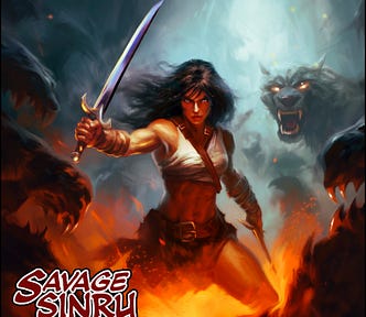 A digital painting of a fantasy scene with a woman warrior wielding a black sword surrounded by supernatural beasts in a swamp. Bright colors including a glowing orange fire at the center.