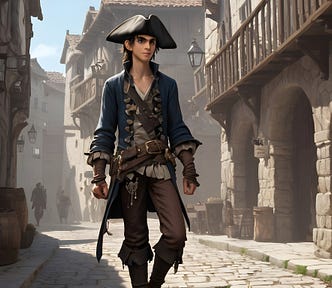 a very skinny boy-pirate, handsome teenage pirate, walking on a medieval street