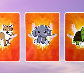 Three oracle pick a card piles from the Angel Guide deck: Pile 1 — dog, Pile 2 — Elephant, Pile 3 — Turtle