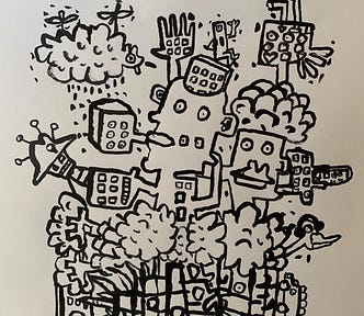 Art work shows a brain or person next to another but dreaming about buildings and objects
