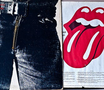 Sticky Fingers album cover from The Rolling Stones, showing a man wearing tight jeans from the waist to upper thighs on the left, and the inner sleeve on the right showing a mouth with red lips and tongue sticking out