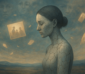 Image show a woman in grey with her hair fastened behind her head, her face sad, her face and body cracked. The air behind her is bluish grey with faint photographs and faces floating in it.