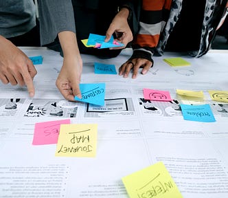 3 people using sticky notes to annotate a user journey
