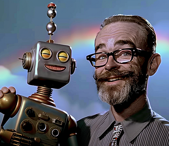 A smiling man with beard and glasses and a golden robot, putting arms on each other, rainbow and blue sky. AI image created on MidJourney V6 by Henrique Centieiro and Bee Lee.