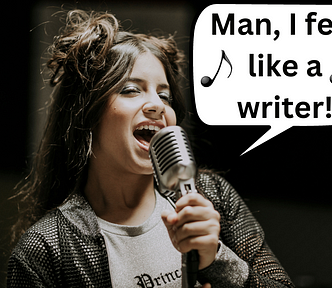 A brunette singer with her hair partially up sings into a microphone with a speech bubble to her right stating “Man, I feel like a writer!” with music notes.