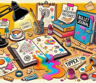 Image shows a vibrant and playful depiction of an artist’s imperfect workspace.