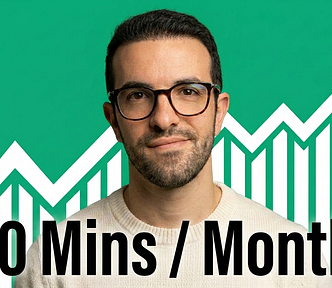 Man in cream sweater smiling on a green background, with a “10 Mins / Month” text and an upward-trending chart behind him.