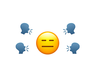 Large emoji of an unamused face, an a series of smaller head emojis shouting at it.