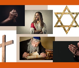 A collage of six images, including a picture of Jesus, a rabbi, a cross, the star of David, and two photos of hands held together in prayer