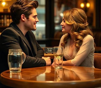 A handsome, fit, man with wavy dark brown hair, and an attractive woman with champagne blond hair, stand on opposite sides of a cafe counter, exchanging glances while having a flirtations exchange. The mood is romantic and playful.