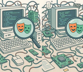 GPT-image-1 prompt: A digital illustration showing a side-by-side comparison of two cluttered desktop scenes, filled with detailed computer parts like circuit boards, wires, monitors, keyboards, CPUs, and code snippets. A large magnifying glass hovers over the images, revealing subtle differences between the two scenes, highlighting the Playwright test framework logo (the red/green comedy/tragedy masks icon).