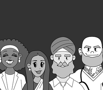 An illustration with a diverse set of people including a blind woman, a sikh man, a doctor, and several different women.