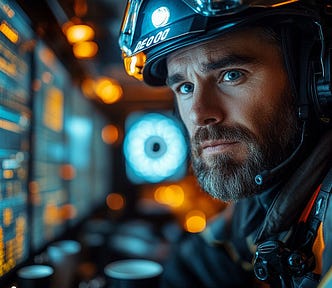 A DevOps engineer wearing a protective helmet with headset and “DE000” marking focuses intently on monitoring screens displaying code and data. The dramatic blue and orange lighting highlights his determined expression as he monitors critical systems.