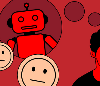 The illustration shows a person with a neutral expression, and a series of bubbles appear to emanate from their head, connecting visually to a robot on the left side. Surrounding these bubbles are additional circular shapes containing neutral face emojis