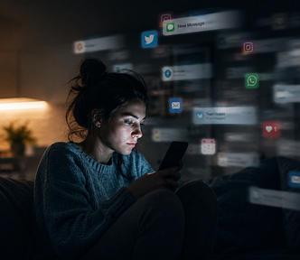 A young woman sits alone in a dimly lit room at night, staring at her smartphone while blurred notifications and social media icons float around her, symbolizing digital distraction and fragmented attention.