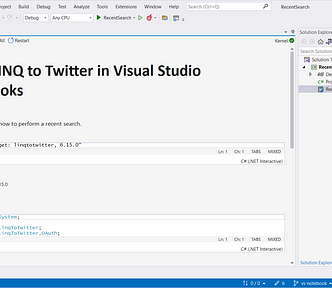 Visual Studio with a notebook tab open and some cells filled in.