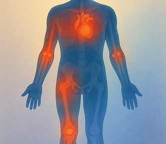 Digital illustration of a semi-transparent human silhouette with inflamed areas in warm colors cooling to blue, symbolizing the reduction of chronic inflammation and aging.