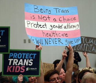Posters are held above trans people and their allies reading “Being Trans is NOT a choice Protect gender affirming healthcare we will NEVER give up” and “Protect Trans Kids” and “Actual Floridian”