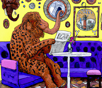 A mastodon reading a newspaper at a cafe in the style of Gustav Klimt