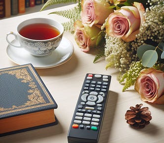 A table with a cup of tea, flowers, a TV remote, and a book.