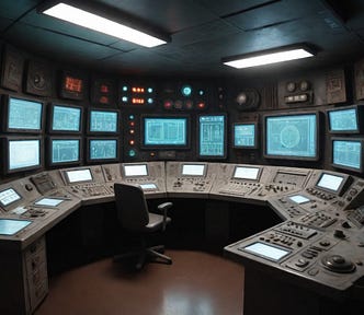 a sci-fi control room with dials, screens and buttons, grimy and post-apocalyptic