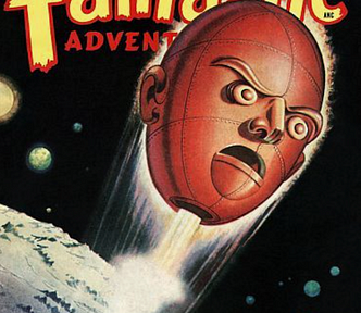 A retro scifi comic cover from 1949 saying fantastic adventures with a big red determined looking robot metal head flying to space