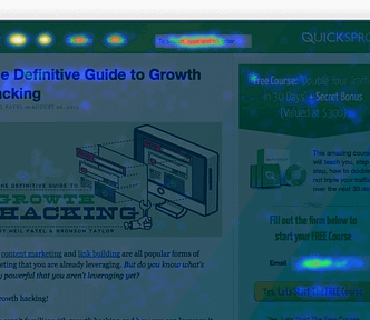 Image displaying a webpage heatmap generated by Crazy Egg. The heatmap shows areas of high user interaction on a webpage titled ‘The Definitive Guide to Growth Hacking’ by Neil Patel. The heatmap highlights hotspots in the navigation menu and key call-to-action areas, illustrating where users are most engaged. This visualization demonstrates how Crazy Egg’s tool helps optimize website design and content placement for better user engagement.