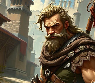a bearded mercenary in his 40s, fantasy art, warrior in a fantasy city outdoors