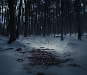 Blood spatters in a snow filled forest.