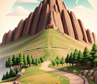Generate an image that portrays an exciting journey up a mountainous trail, where Trailhead badges serve as milestones along the way. The trail weaves through a dynamic and collaborative ecosystem, represented by interconnected nodes or icons such as community, documentation, podcasts, and blogs. As characters climb toward the summit, hands reaching out in collaboration emphasize the shared experience of mastering Salesforce skills.