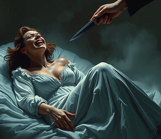 Image shows a woman on a bed, crying, and a hand with a knife threating her from the top of the image. She wears a light blue dress and the sheets on the bed has the same color.