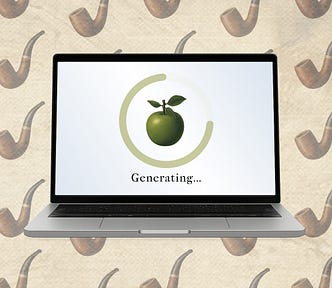 A laptop with a white screen shows a loading spinner and the word “Generating…” over a beige background patterned with pipes.