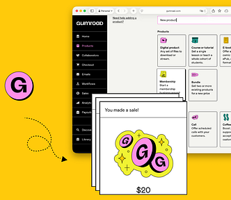 Gumroad logo icon, canva dashboard to create new products and gumroad sale notification, yellow background.