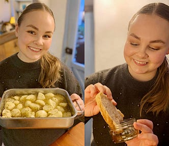 An individual with baked potatoes (left) and the same individual with bread (right).