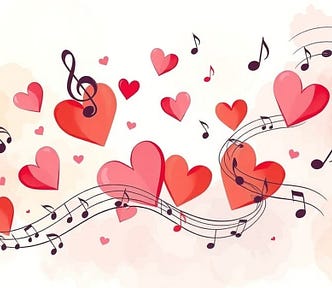 Image shows red hearts scattered on a pastel background with musical notes running through it.