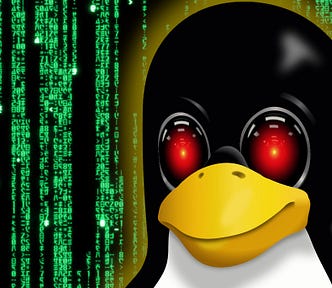 Tux the Penguin, posed on a Matrix credit-sequence ‘code waterfall.’ His eyes have been replaced with the menacing red eyes of HAL 9000 from Kubrick’s ‘2001: A Space Odyssey.’ Image: Cryteria (modified) https://commons.wikimedia.org/wiki/File:HAL9000.svg CC BY 3.0 https://creativecommons.org/licenses/by/3.0/deed.en