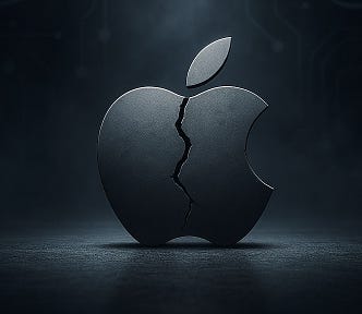 There’s a crack in Apple’s reputation | Grey, cracked Apple logo on a stage, backlit | Image generated using ChatGPT 4o Image Generation