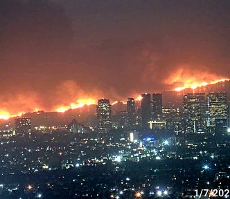 2025 los Angeles fire approaching downtown LA (Doomsday clock and reality)